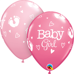 Lateks baloni 28cm Baby Girl Footprints&Hearts Rose&pink