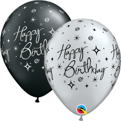 Lateks baloni 28cm Bday Elegant Sparkles&Swirls Pearl Black&Silver 