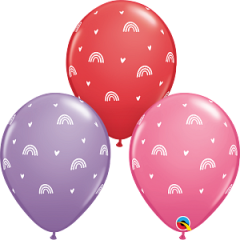 Latex baloni 28 cm Boho Rainbows & Hearts Assortment of Red, Spring Lilac, Rose