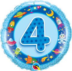 Standard Bday Age 4 Blue Spaceships & Aliens folija balon
