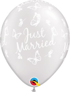 Lateks baloni 28cm Just Married Butterflies Pearl White 