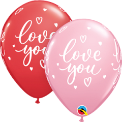 Latex baloni 28 cm Love You Casual Script Assortment of Red, Pink
