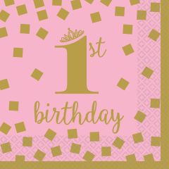 1st Birthday Pink & Gold serviete 25x25 cm