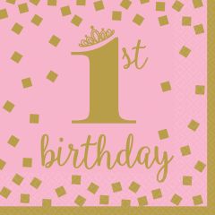 1st Birthday Pink & Gold serviete 33x33 cm