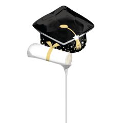 Mini Black Grad Cap & White Diploma folija balon na palčki