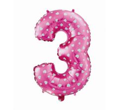 Mid size folija balon številka 3 Pink with hearts