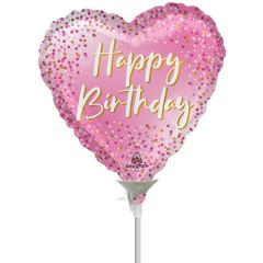 Mini Heart Happy Birthday Dots Pink folija balon na palčki